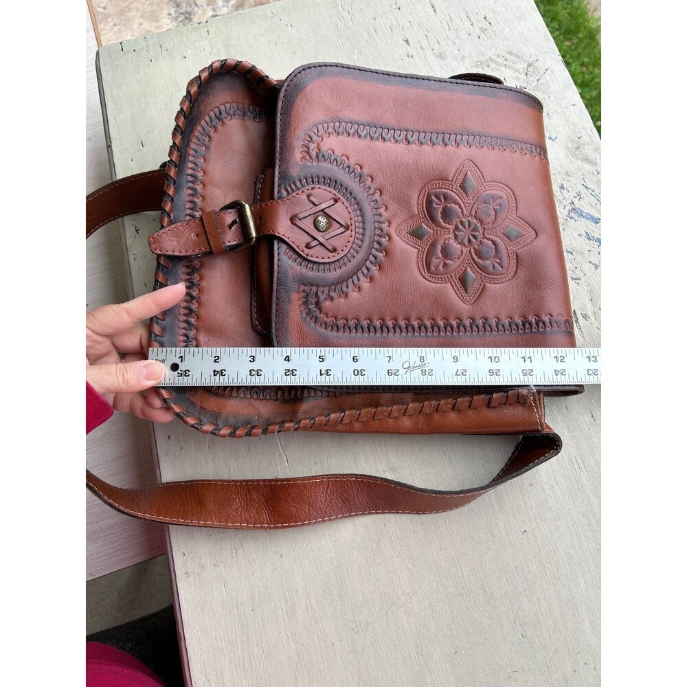 Patricia Nash Tan Hand Tooled Leather Satchel Crossbody bag with Floral Design - Picture 8 of 10